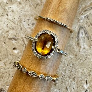14k gold ring stack with real diamonds and citrine